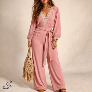 VTG 70s Pastel Pink Crochet Trim Wide Leg Belted Jumpsuit Womens L/XL Retro